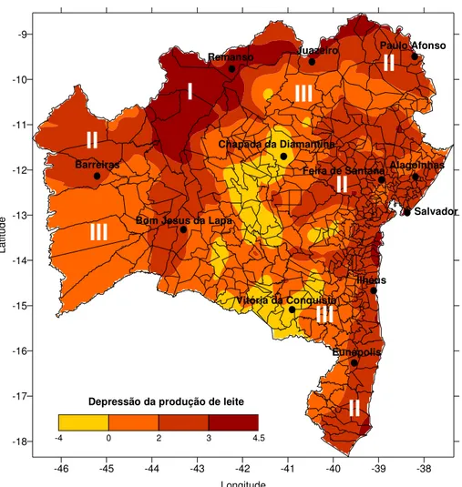 FIGURA 4. Espacialização da depressão da produção de leite (DPL) para vacas que produzem 25 kg  na Bahia, para as condições ambientais de verão