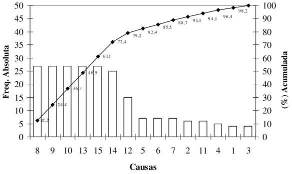 FIGURA 1.  Gráfico de Pareto das causas de perda de pontos do fator mão-de-obra. 