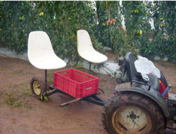 FIGURA 2. Dispositivo de auxílio à colheita com assentos acoplados para dois colhedores
