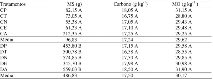 TABELA 3. Valores médios da massa de matéria seca  (MS) , matéria orgânica e carbono. 