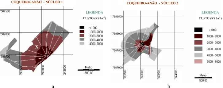 FIGURA 4. Custos de implantação (R$ ha -1 ) da cultura do coqueiro-anão irrigado para os núcleos 1 (a)  e 2 (b) do Assentamento Antônio Farias