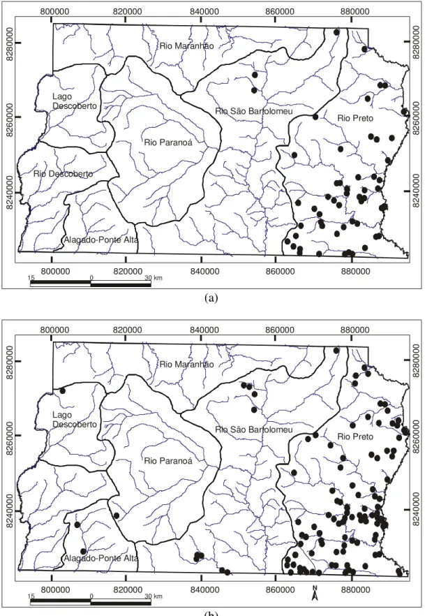 FIGURA 1. Mapa representativo dos pivôs-centrais instalados no Distrito Federal em 1992 (a) e 2002  (b)