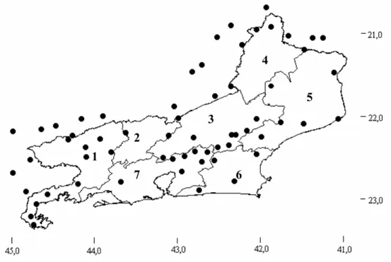FIGURA 1. Mapa-base do Estado do Rio de Janeiro com as estações pluviométricas selecionadas e mesorregiões (1- Sul; 2 - Centro-Sul; 3 - Serrana; 4 - Noroeste; 5 - Norte; 6 - Litorânea; 7  - Metropolitana) 