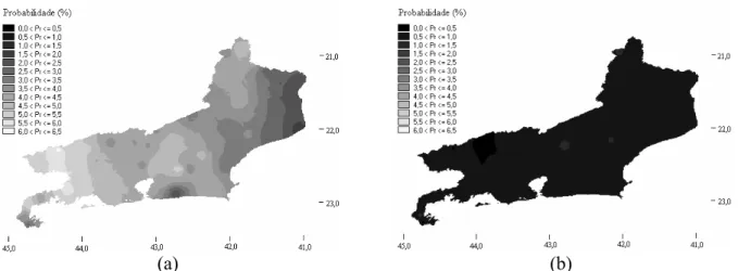 FIGURA 5. Mapas dos valores de probabilidade de veranico no Estado do Rio de Janeiro com duração  de 1-5 dias (a), 6-10 dias (b) e 11-15 dias (c), no mês de fevereiro