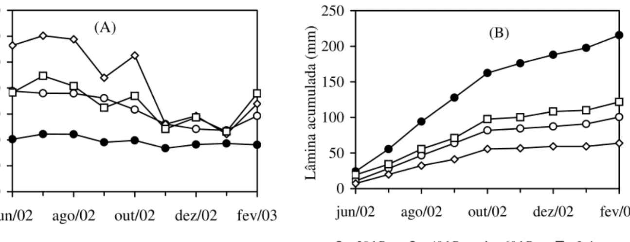 FIGURA 2. Valores médios de: (A) tensões de água no solo e (B) lâmina acumulada de água da irrigação, em milímetros, observados de 91 a 316 dias após o transplante do cafeeiro