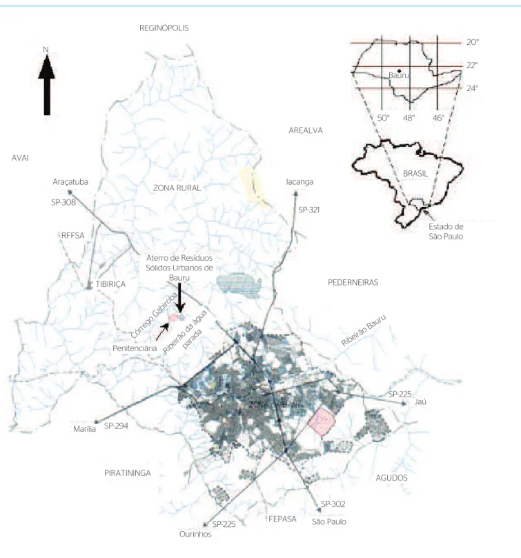 Figura 1 – Localização de Bauru no Estado de São Paulo e do aterro de resíduos sólidos urbanos na área rural do município