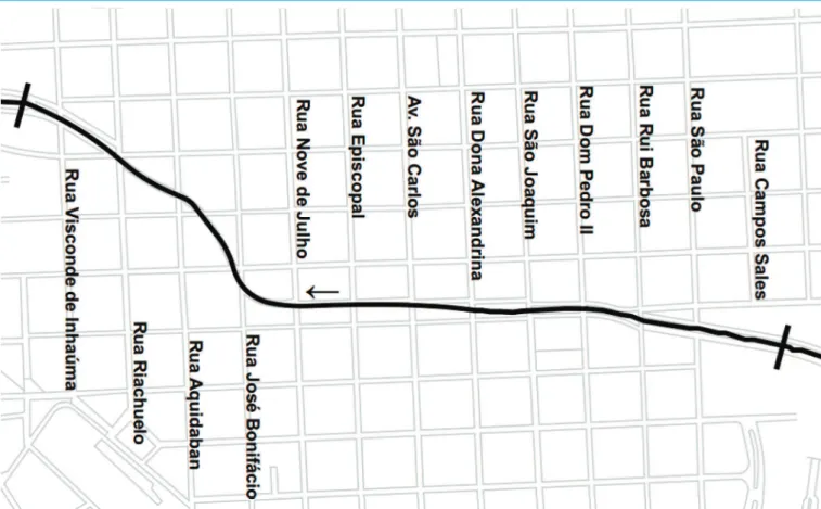 Figura 4 – Localização das ruas e seções que limitam a área onde foi realizada a modelação hidráulica.