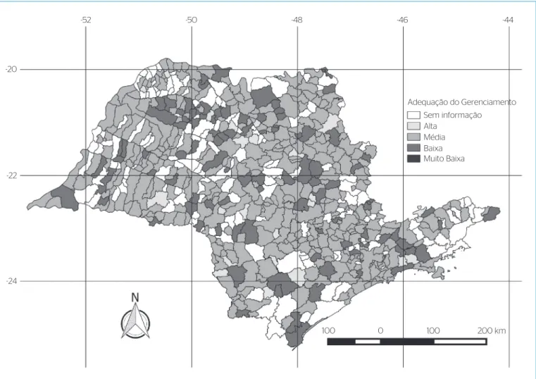 Figura 5 – Mapa do índice de adequação do gerenciamento de resíduos sólidos urbanos dos municípios paulistas.