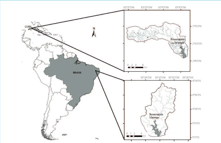 Figura 1 – Localização e hidrografia das bacias em estudo: tropical semiárida (reservatório Marengo, Ceará, Brasil) e tropical úmida (reservatório La  Juventud, Pinar del Río, Cuba).