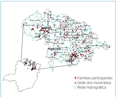 Figura 2 – Localização geográfica dos domicílios participantes da  pesquisa, das sedes municipais e da rede hidrográfica.