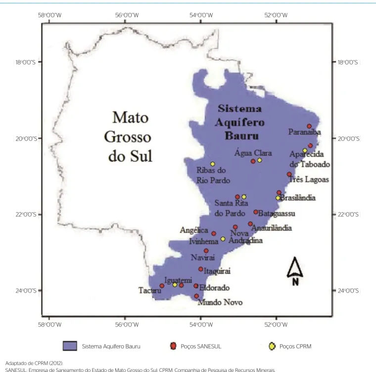 Figura 1 – Mapa com a localização do Sistema Aquífero Bauru em Mato Grosso do Sul com os municípios que possuem os poços tubulares analisados