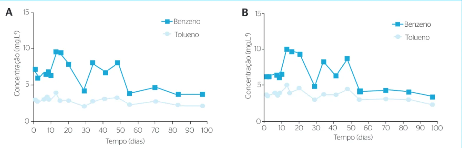 Figura 1 – Variação temporal da concentração de benzeno e tolueno (mg.L -1 ) no reator teste (A) que continha biodiesel, benzeno e tolueno, e  controle (B), que continha biodiesel, benzeno, tolueno e HgCl 2 .