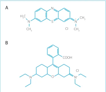 Figura 1 – Estruturas moleculares dos corantes Azul de Metileno (AM) -  Basic Blue 9 (A), Rodamina B (RB) - Basic Violet 10 (B).