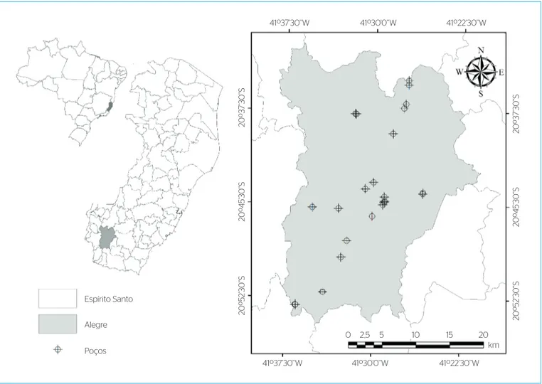 Figura 1 – Área de estudo e localização dos pontos de coleta no munício de Alegre, Espírito Santo, Brasil.