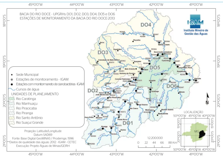 Figura 1 – Mapa da bacia hidrográfica do Rio Doce com a indicação dos pontos de amostragem da rede de monitoramento do IGAM