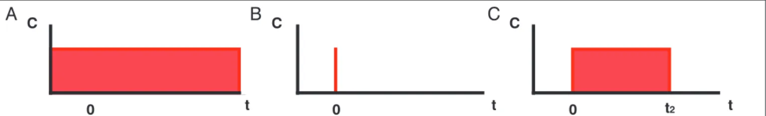 Figura 2 – Tipos de lançamentos. (A) contínuos e permanentes; (B) instantâneos; e (C) transiente com duração limitada.