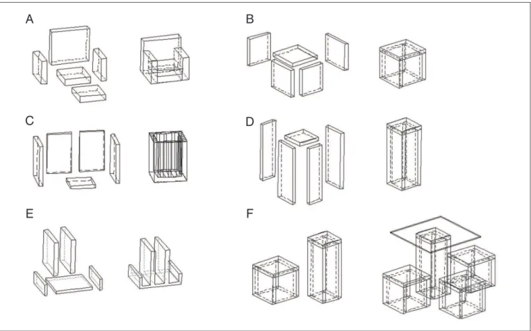 Figura 3 – Alguns modelos dos produtos desenvolvidos. (A) poltrona; (B) mesa de centro; (C) vaso; (D) base para mesa; (E) porta livros; (F) conjunto de mesa e bancos.ACEBDF
