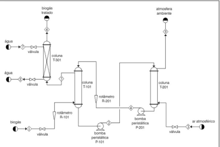 Figura 1 – Diagrama do sistema experimental utilizado nos testes de  remoção de ácido sulfídrico de biogás com solução de Fe/EDTA