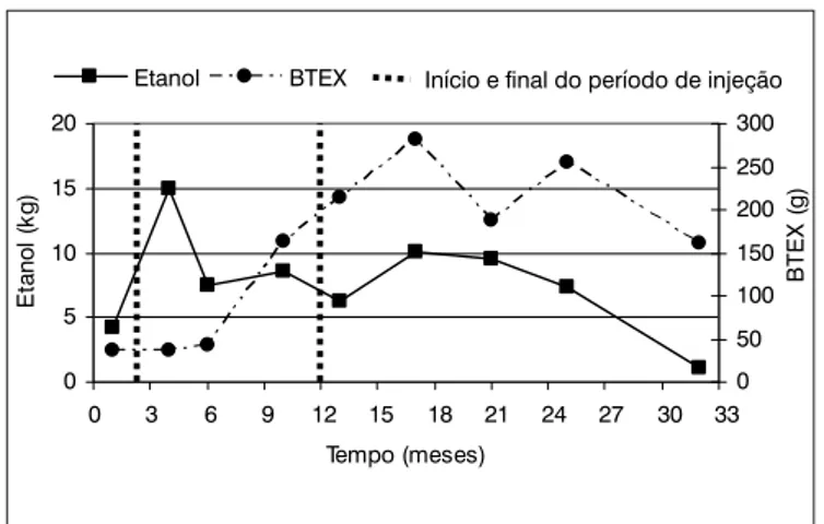 Figura 3 – Balanço de massa do nitrato e do etanol após 32 meses de 
