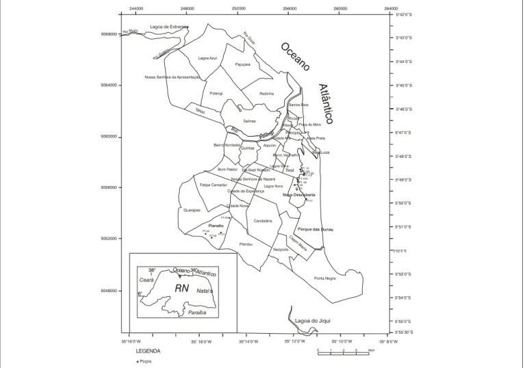 Figura 1 – Distribuição dos poços estudados nos bairros do Planalto, Tirol e Nova DescobertaGuarapesPlanaltoPitimbuCandeláriaCidade NovaCidade da Esperança