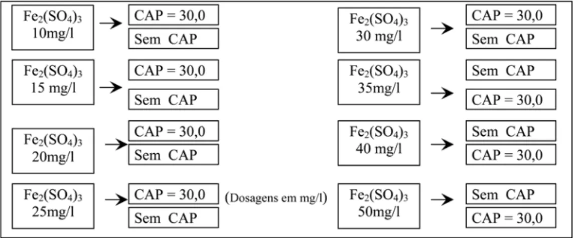 Figura 2 - Fluxograma dos ensaios cinéticos com aplicação de  30 mg/l de CAP e diferentes dosagens de  Fe 2 (SO 4 ) 3  realizados em jar test