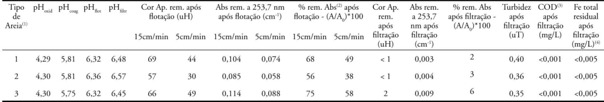 Tabela 3 – Resultados do ensaio de filtração em areia após flotação