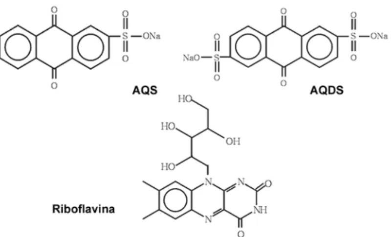 Figura 3 – Estrutura química dos mediadores redox antraquinone-2- antraquinone-2-sulfonate (AQS), antraquinone-2,6-diantraquinone-2-sulfonate (AQDS) e riboflavina,
