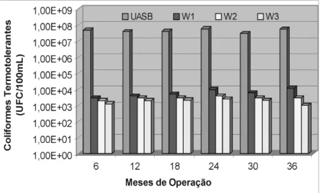 Figura 4 – Concentração de coliformes termotolerantes nos efluentes, durante o período de trinta e seis meses de operação do reator UASB,