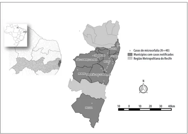 Figura 2 – Distribuição dos casos confirmados de microcefalia (N=40) por município de residência da mãe,  Região Metropolitana do Recife, agosto-outubro de 2015