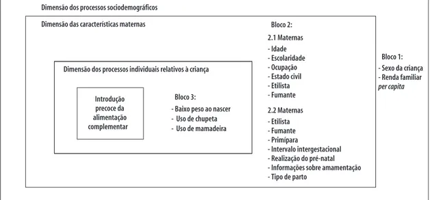 Figura 1 –  Modelo hierárquico da associação entre introdução precoce da alimentação complementar e variáveis  em estudo