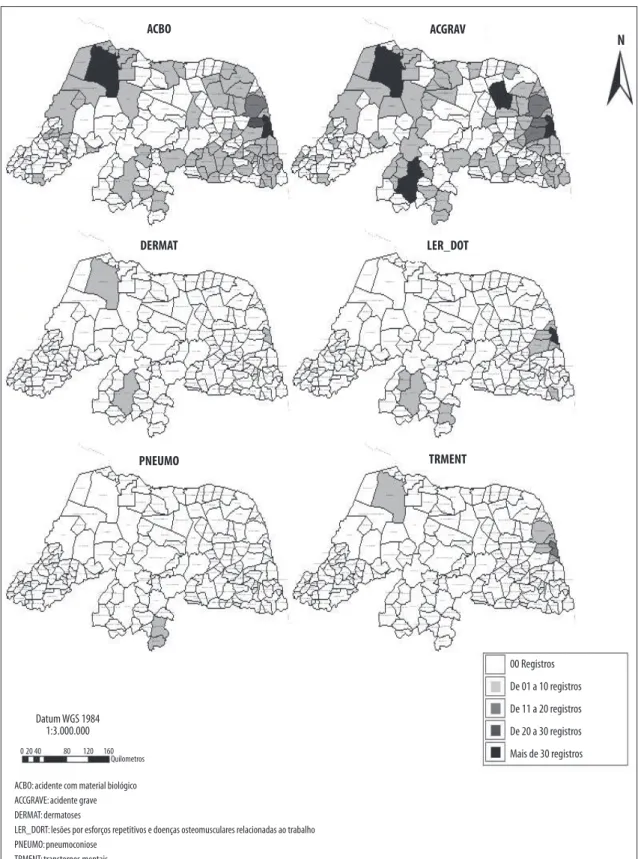 Figura 1  –  Distribuição dos agravos relacionados ao trabalho notificados, segundo município de notificação, no  Rio Grande do Norte, 2007 a 2009
