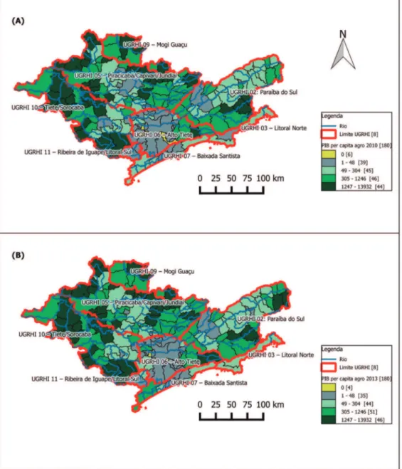 Figura 1 – Municípios da Macrometrópole Paulista e PIB per capita adicionado pela  agropecuária e suas respectivas Unidades de Gerenciamento de Recursos  Hídricos (UGRHI), para os anos 2010 (A) e 2013 (B) .