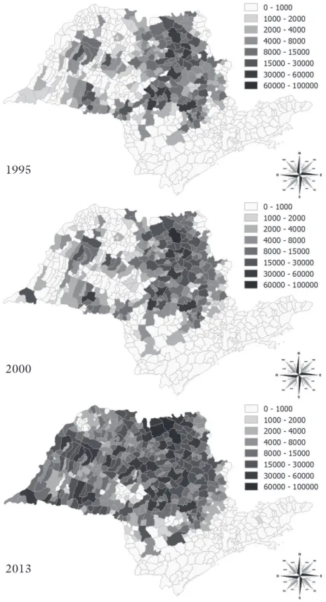 Figura 1 – Evolução da área de plantada de cana-de-açúcar em São Paulo, para  1995, 2000 e 2013 – em hectares por município.