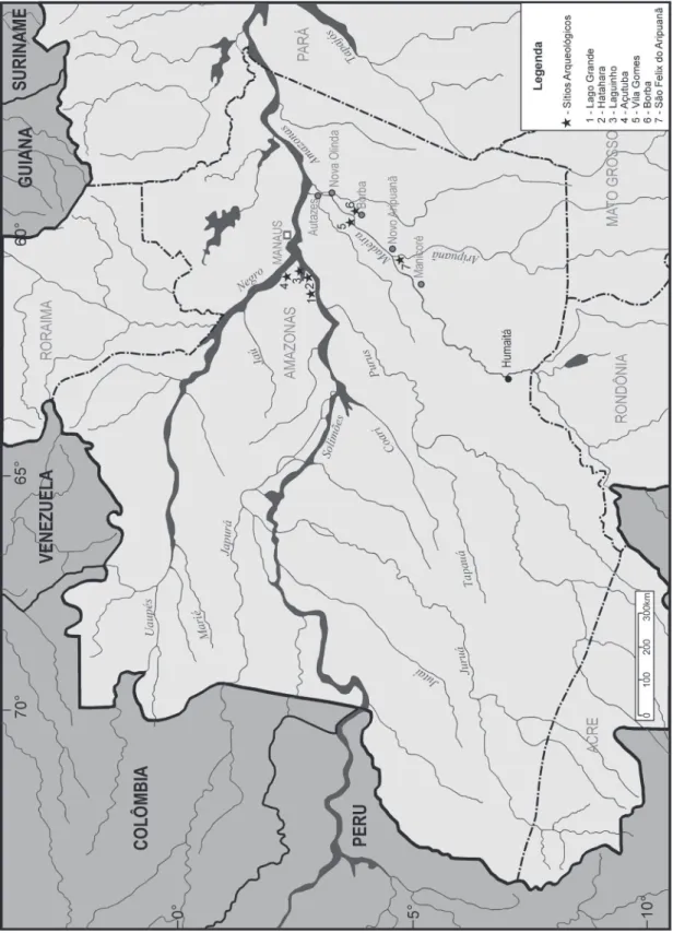 Figura  1  – Amazônia Central com os sítios arqueológicos discutidos. 