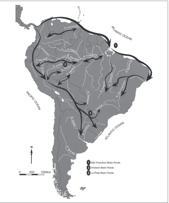 Figura  8  – Mapa com indicação das principais rotas de interiorização da colonização  entre o final do Pleistoceno e o Holoceno Inicial.