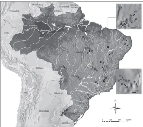 Figura  4  – Mapa com a localização dos sítios arqueológicos com datas entre nove  mil e oito mil anos  ap .