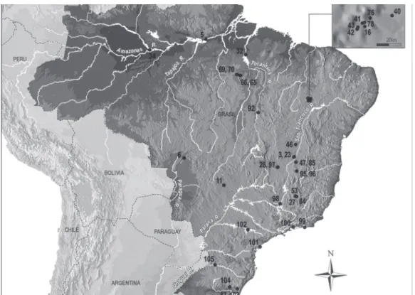 Figura 5 – Mapa com a localização dos sítios arqueológicos com datas entre oito mil  e sete mil anos ap.