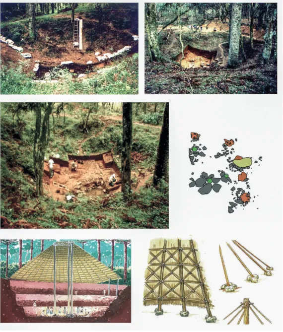 Figura  3  – A estrutura semissubterrrânea grande  (A)  do sítio  RS-AN-03 , Bom Jesus  ( RS) ; a escavação e a planta baixa da camada mais antiga de ocupação;  a interpretação dos dados por meio de ilustração