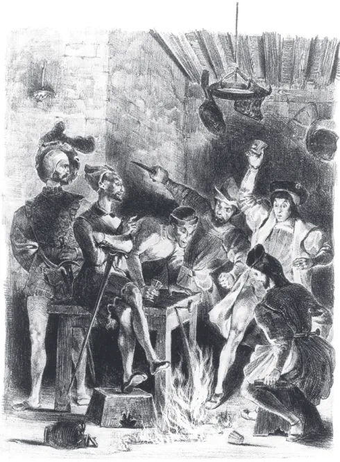 Ilustração de Eugène Delacroix (1798-1863) para a cena “Na Taberna de  Auerbach”, retomada e concluída por Goethe (como a cena “Cozinha da  Bruxa”) após a Revolução Francesa.