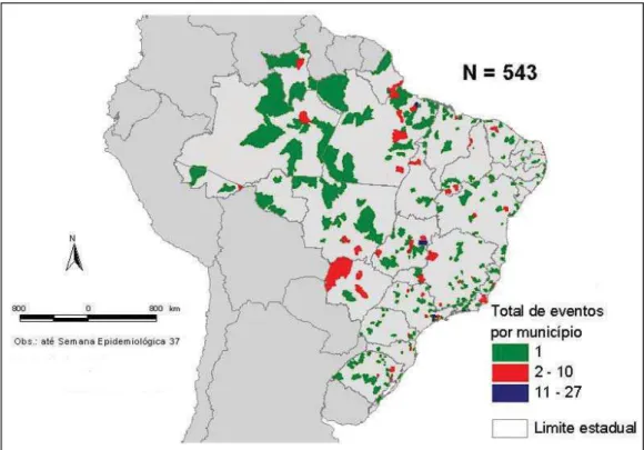 Figura 1 – Distribuição de possíveis emergências de saúde pública de importância na- na-cional por município de referência