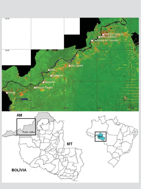 Figura 8 – Mapa de Porto Velho e das localidades ao longo do Rio Madeira, e a loca- loca-lização de Santo Antônio e Jirau, onde serão instaladas as usinas  hidrelé-tricas.