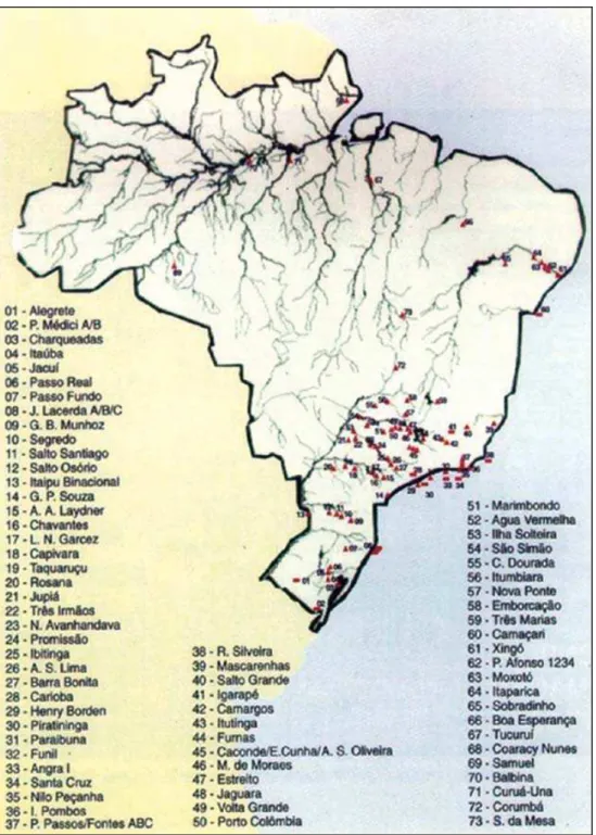 Figura 1 – Distribuição das hidrelétricas principais no Brasil. Note-se o acúmulo no Sul  e no Sudeste (Kelman et al., 2006).