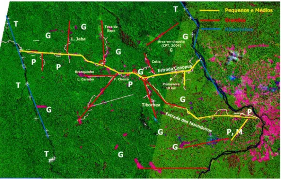 Figura 4 – Configuração espacial e localização dos principais atores na frente do Xingu/ Iriri, incluindo pequenos e médios (P e M) e grandes produtores rurais (G)