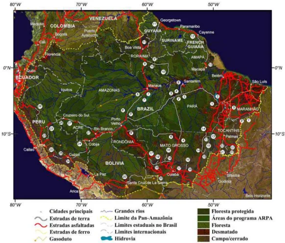 Figura 2 – Bacia Amazônica, principais cidades, estradas pavimentadas e de terra e áreas protegidas atuais e planejadas