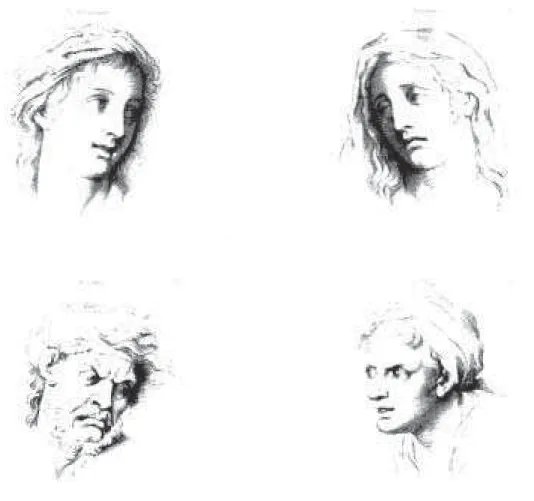 Figura 1 – Charles le Brun. Expression s des passion s de l’A m e. (Admiração, Tristeza, Cólera, Desejo.) [Clarles le Brun