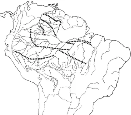 Figura  2 – Zonas de contato entre taxa de pássaros selecionados da Amazônia cujas localizações são independentes ou variavelmente deslocadas pelo curso dos rios