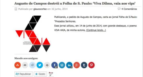 Figura 6  – Exemplo da publicação da carta de Augusto de Campos na blogosfera.  Fonte: Blog de Glauco Cortez