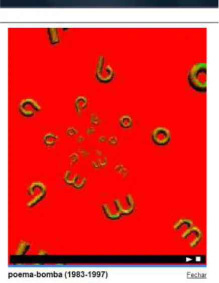 Figura 1  – Versão animada do poema “Bomba”, de Augusto de Campos Na  versão  digital,  as  letras  movimentam-se  de  fato  e  vão  aumentando de tamanho na medida em que partem de um epicentro – o  qual  remete  à  origem  da  explosão  –  em  direção  à