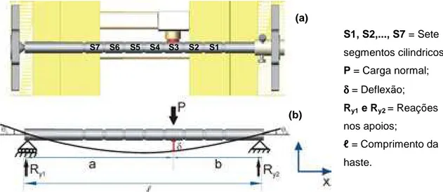 Figura 21 – Diagrama esquemático (a) contracorpo com sete segmentos cilíndricos (b)  linha elásticas gerada pela ação das forças P, R y1  e R y2