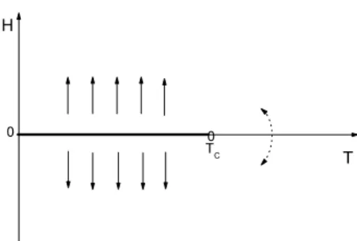 Figura 2: Diagrama de fases de um ferromagneto simples mostrando a linha de transi¸c˜ao de primeira ordem (0 &lt; T &lt; T C ) e a transi¸cˆao cont´ınua para T &gt; T C , em H = 0.